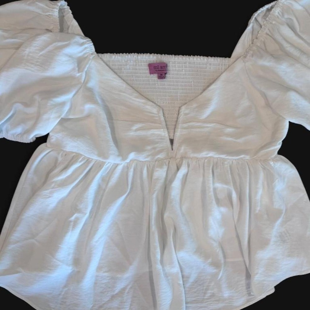 Mi Ami White Puff Sleeve Babydoll Top Smocked Blouse - Size M